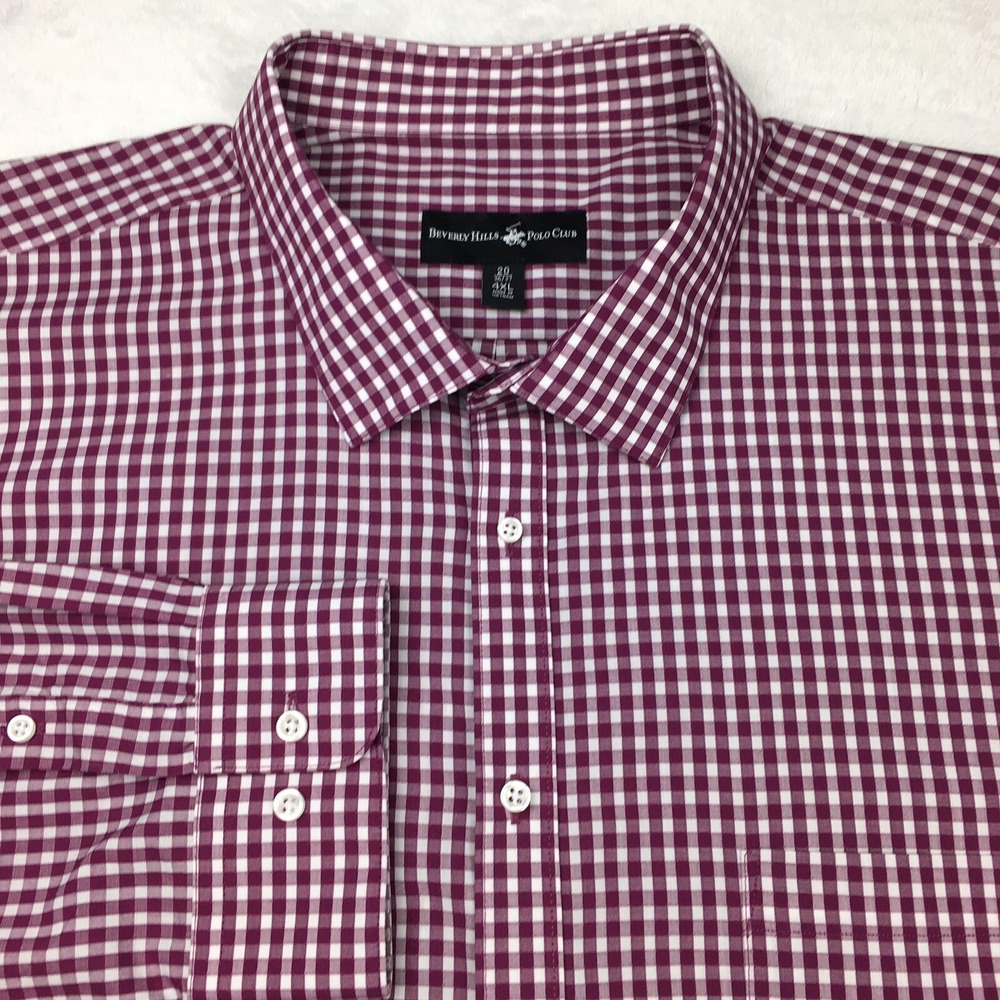 Beverly Hills Polo Club Dress Shirt Mens 4XL 20-36/37 Maroon/White Check